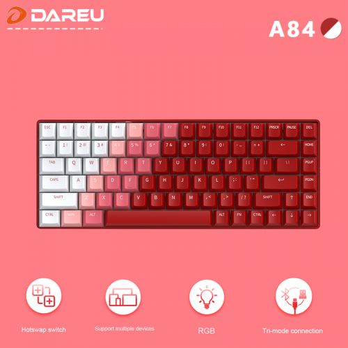 Official Dareu A84 Tri-mode Connection 100% Hotswap RGB LED Backlit Mechanical Gaming Keyboard With Customized TTC Flame Red Switch